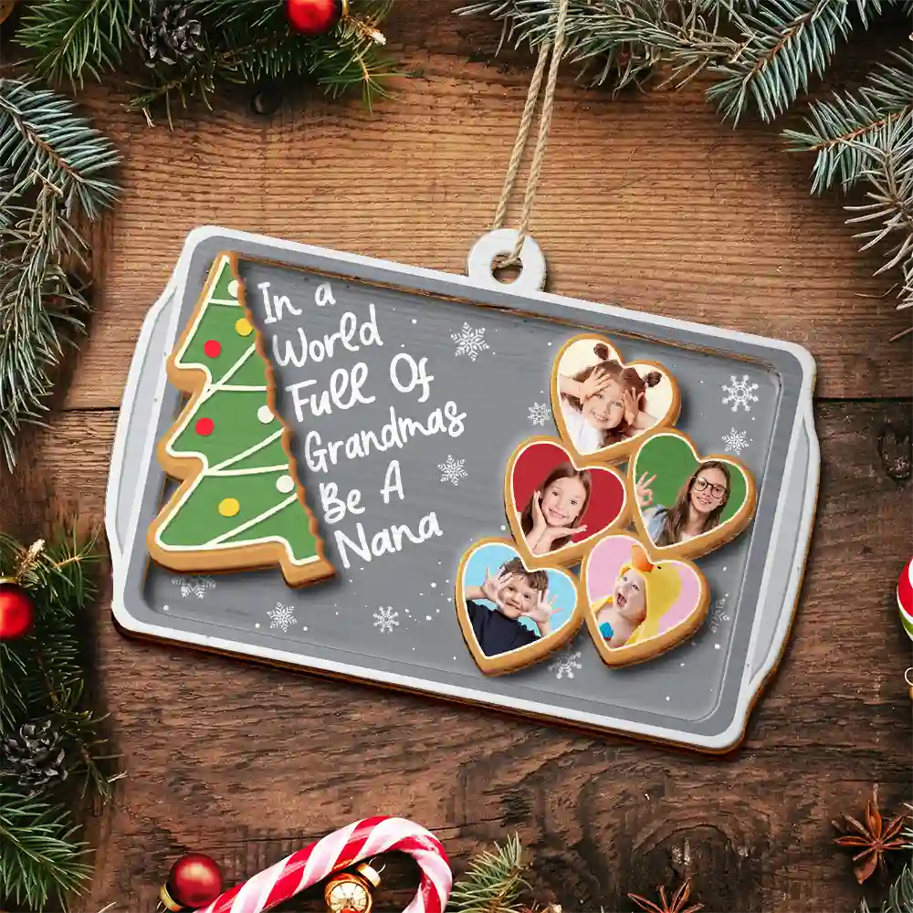 Gift For Grandma,Gift For Women,Christmas,Love - Custom Photo Gingerbread Cookie World Full Of Grandmas - Personalized 2-Layered Wooden Ornament
