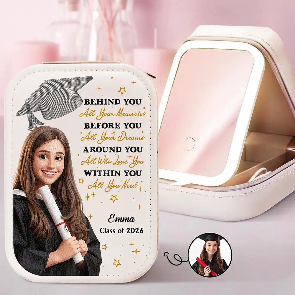 Custom Photo Cartoon Portrait Behind You All Memories - Personalized Makeup Box With LED Mirror