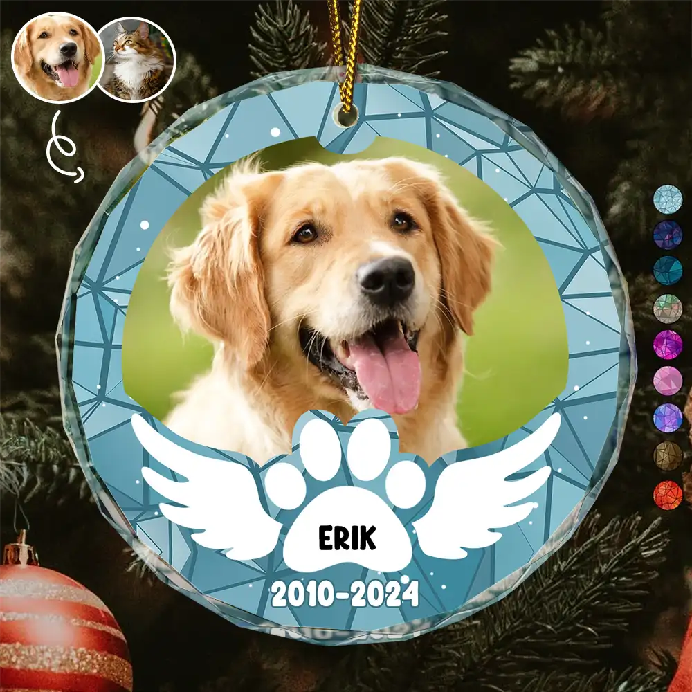 Memorial, Pet Lovers, Cat Lovers, Dog Lovers - Custom Photo In Loving Memory Pet Wings - Personalized Circle Glass Ornament
