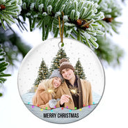 Family, Gift For Bestie - Custom Photo Family Friends Snow - Personalized Circle Ceramic Ornament