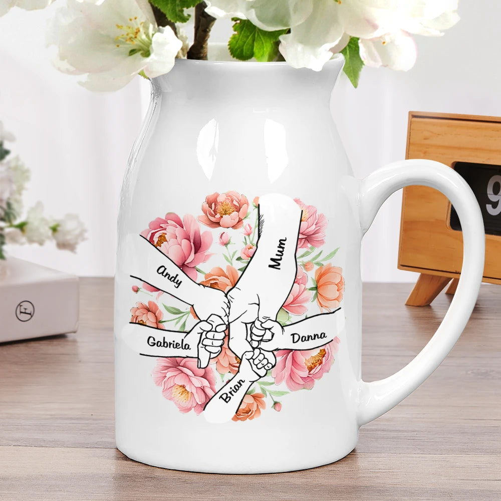 Gift For Mother,Gift For Grandma,Gift For Women,Love - Hand In Hand Birth Flower Grandma Mom - Personalized Ceramic Flower Vase