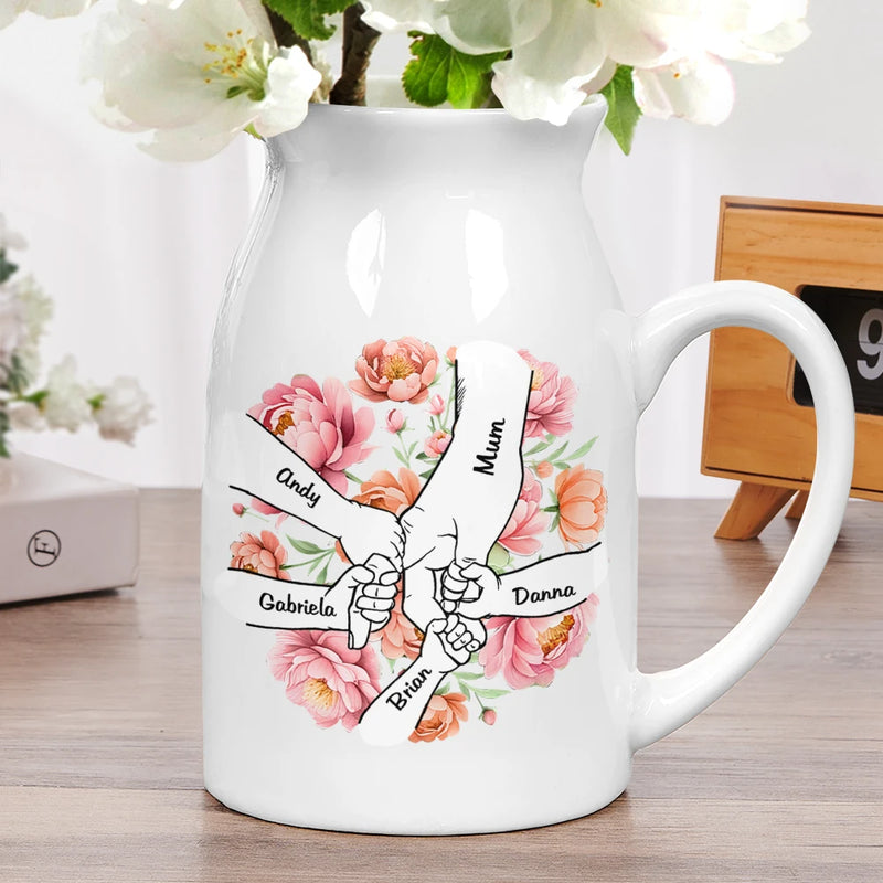 Gift For Mother,Gift For Grandma,Gift For Women,Love - Hand In Hand Birth Flower Grandma Mom - Personalized Ceramic Flower Vase