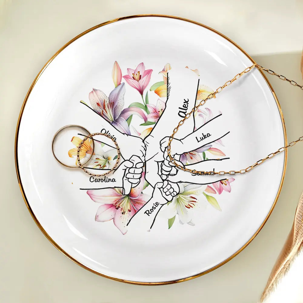 Gift For Grandma,Gift For Mother,Love,Happy - Hand In Hand Birth Flower Grandma Mom - Personalized Ring Dish