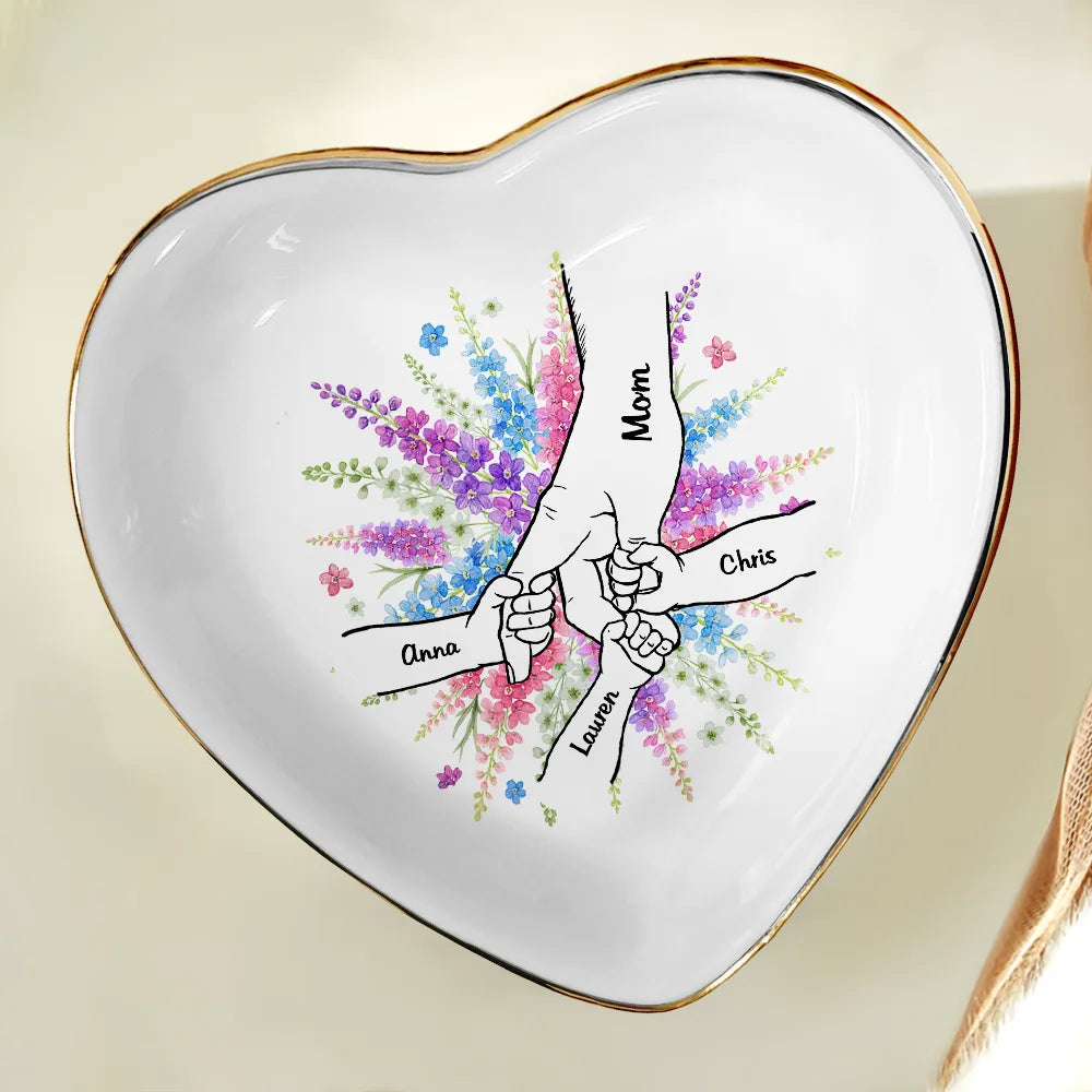 Gift For Grandma,Gift For Mother,Love,Happy - Hand In Hand Birth Flower Grandma Mom - Personalized Ring Dish