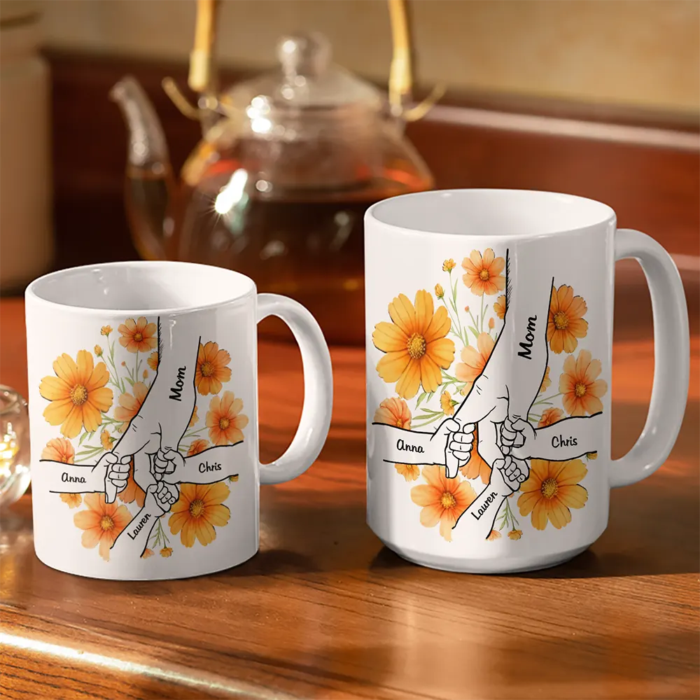 Gift For Grandma, Gift For Mother, Love, Happy - Hand In Hand Birth Flower Grandma Mom - Personalized White Edge-to-Edge Mug