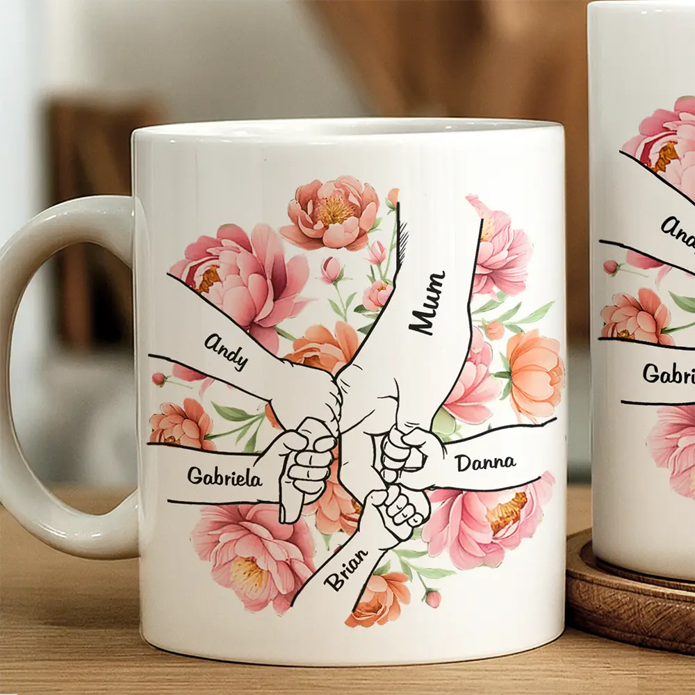 Hand In Hand Birth Flower Grandma Mom - Personalized White Edge-to-Edge Mug