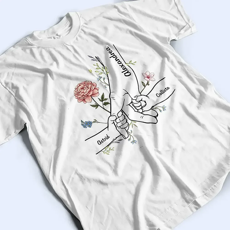 Gift For Mother,Gift For Grandma,Love - Hand In Hand Birth Flower Mom Kid Nana Grandkid - Personalized T Shirt