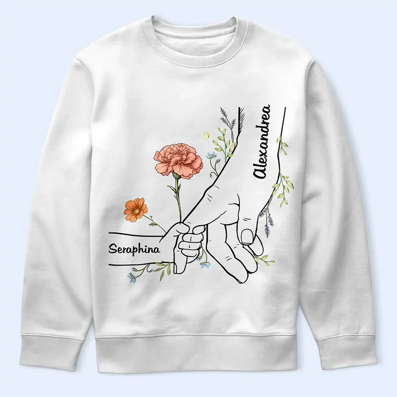 Gift For Mother,Gift For Grandma,Love - Hand In Hand Birth Flower Mom Kid Nana Grandkid - Personalized T Shirt