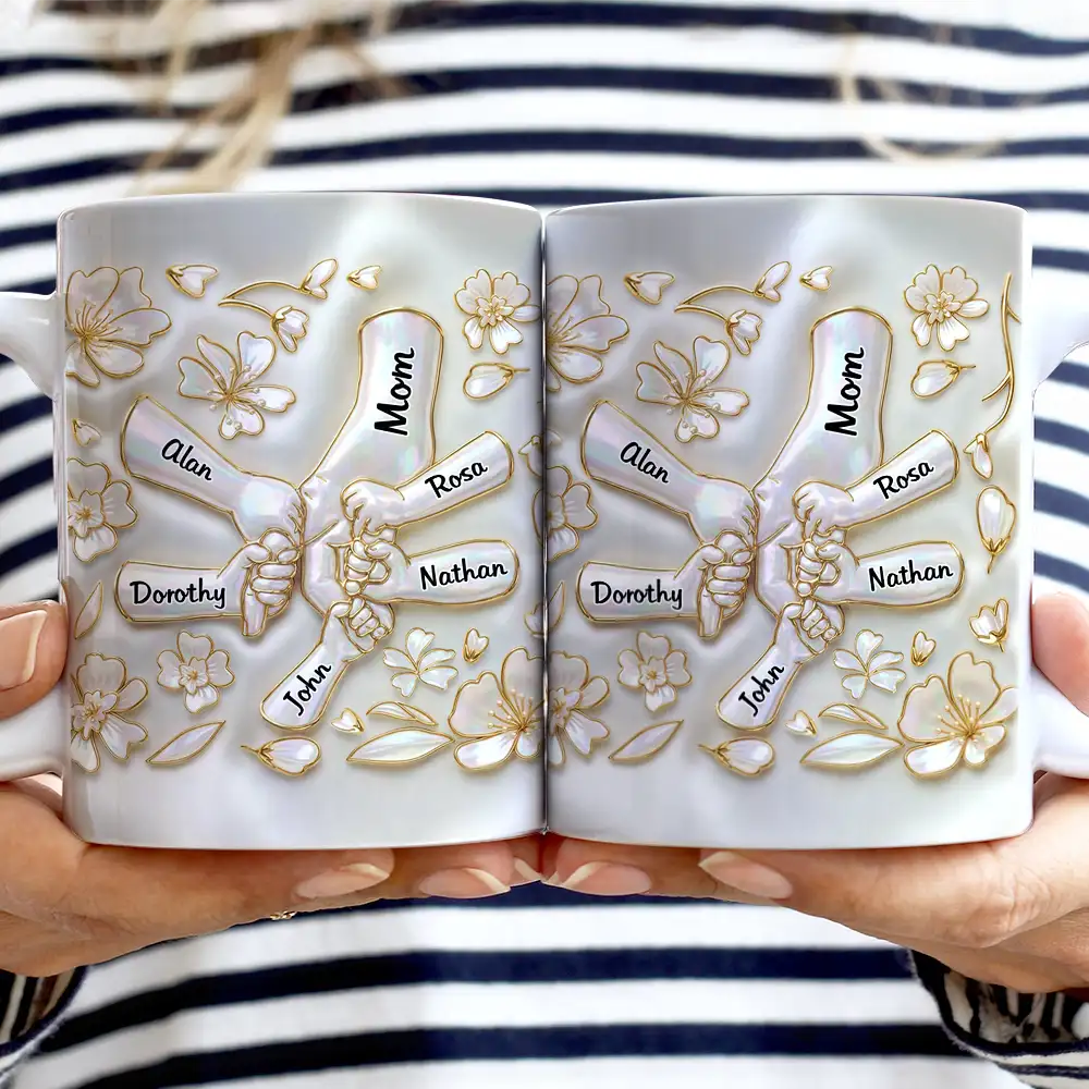 Gift For Wife,Gift For Mother,Gift For Grandma,Love - Hand In Hand Mom Grandma Nacre Effect 3D Inflated Effect Printed - Personalized White Edge-to-Edge Mug