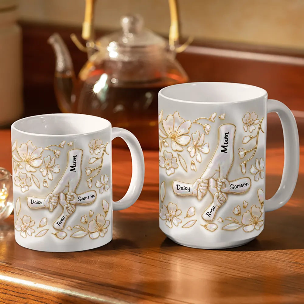 Gift For Wife,Gift For Mother,Gift For Grandma,Love - Hand In Hand Mom Grandma Nacre Effect 3D Inflated Effect Printed - Personalized White Edge-to-Edge Mug