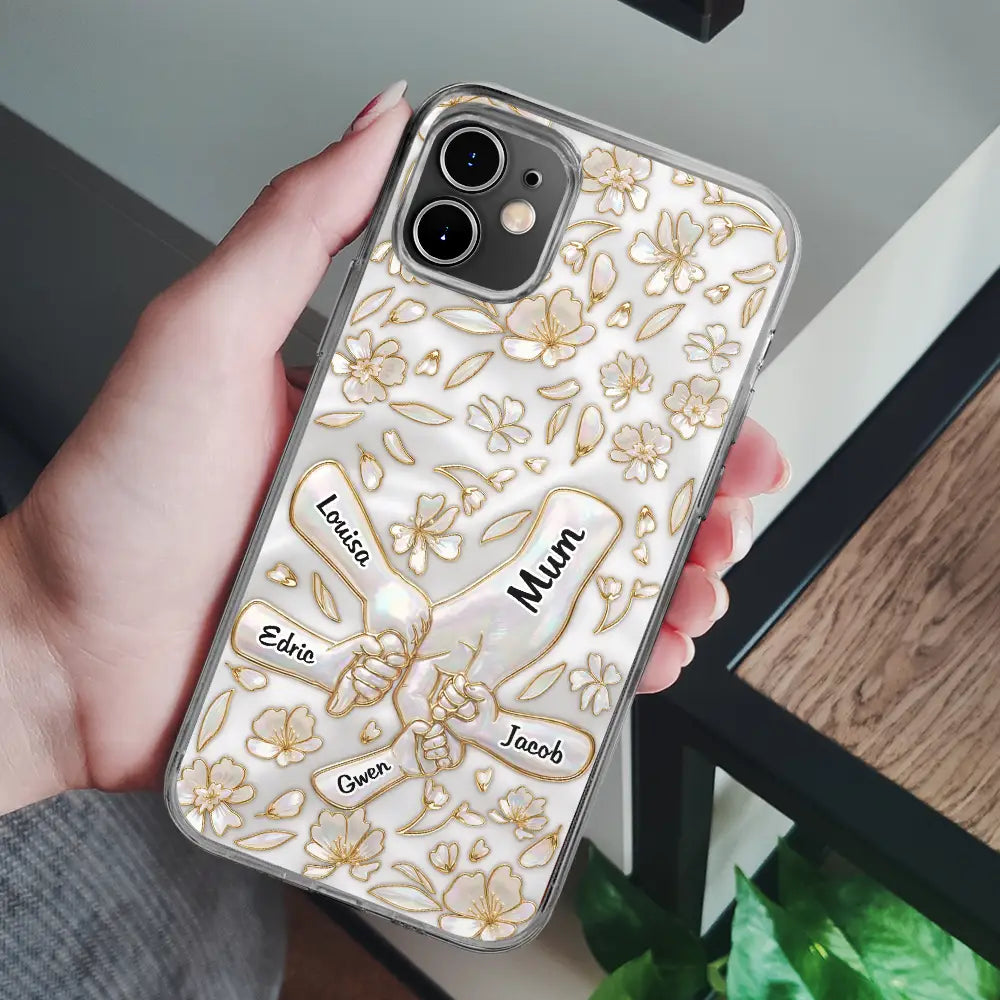 Gift For Wife, Gift For Mother, Gift For Grandma, Love - Hand In Hand Mom Grandma Nacre Effect 3D Inflated Effect Printed - Personalized Clear Phone Case