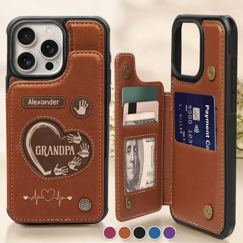 Gift For Father,Dad,Children - Hand Prints Dad Grandpa - Personalized Leather Flip Wallet Phone Case
