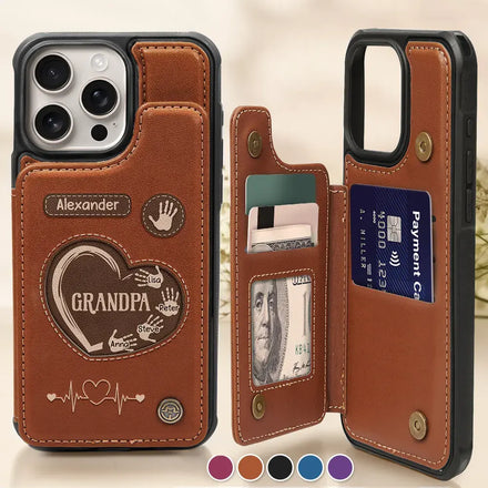 Hand Prints Dad Grandpa - Personalized Leather Flip Wallet Phone Case