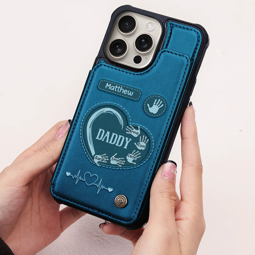 Gift For Father,Dad,Children - Hand Prints Dad Grandpa - Personalized Leather Flip Wallet Phone Case
