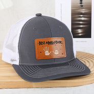 Gift For Father,Gift For Grandpa - Handprints Best Dad Ever - Personalized Leather Patch Hat