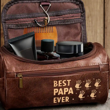 Handprints Best Dad Grandpa Papa Ever - Personalized Leather Toiletry Bag