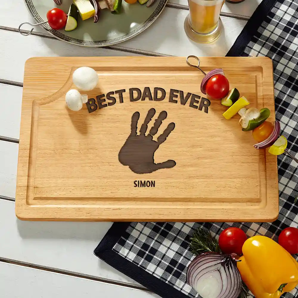 Gift For Husband,Gift For Men,Gift For Yourself,Gift For Grandpa,Gift For Father,Happy,Cooking - Handprints Best Dad Grandpa Papa Ever - Personalized Wooden Cutting Board