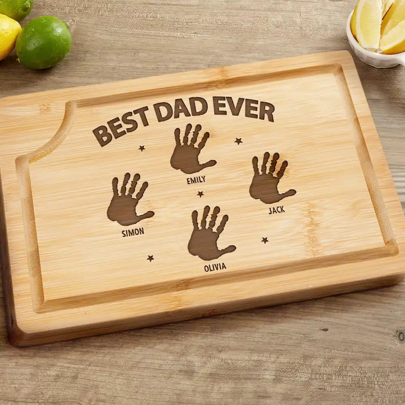 Gift For Husband,Gift For Men,Gift For Yourself,Gift For Grandpa,Gift For Father,Happy,Cooking - Handprints Best Dad Grandpa Papa Ever - Personalized Wooden Cutting Board