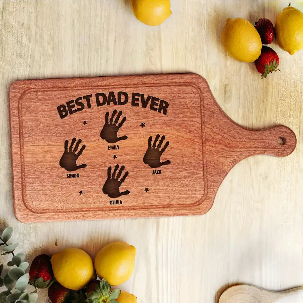 Gift For Husband,Gift For Men,Gift For Yourself,Gift For Grandpa,Gift For Father,Happy,Cooking - Handprints Best Dad Grandpa Papa Ever - Personalized Wooden Cutting Board