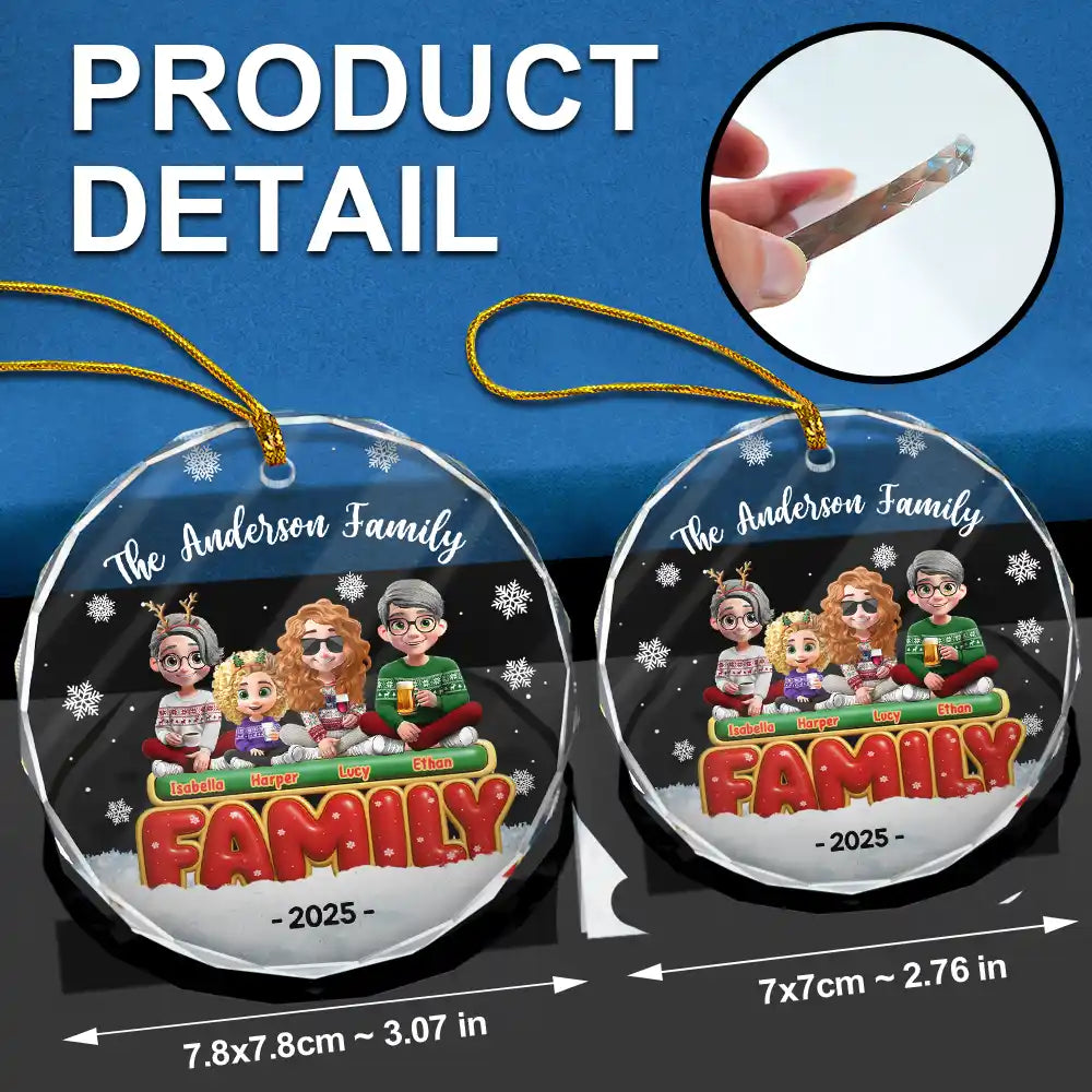 Christmas, Happy, Family - Happy All Family 3D Effect - Personalized Circle Glass Ornament