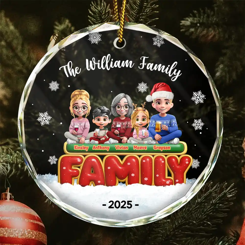 Happy All Family 3D Effect - Personalized Circle Glass Ornament
