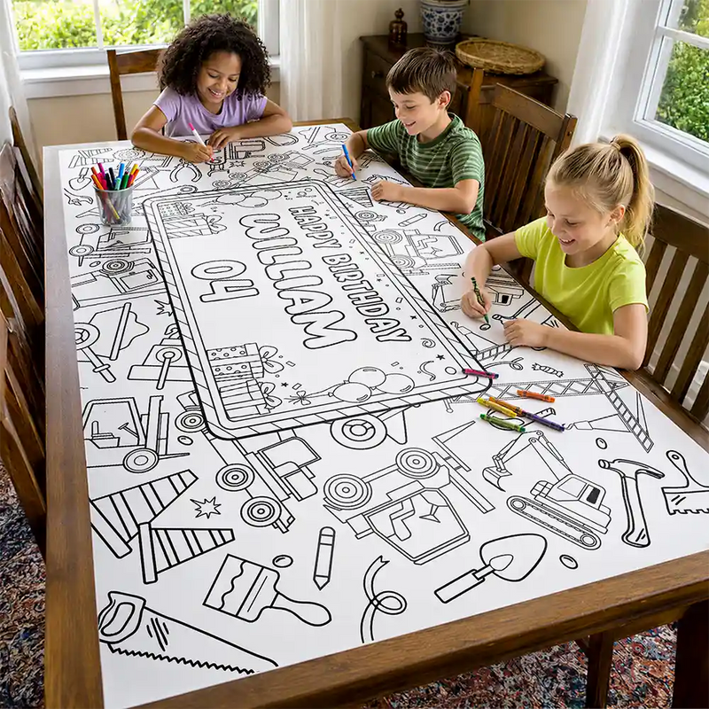 Playful,Back To School,Gift For Kids,Icon,Custom Text - Happy Birthday For Boy Girl - Personalized Coloring Tablecloth