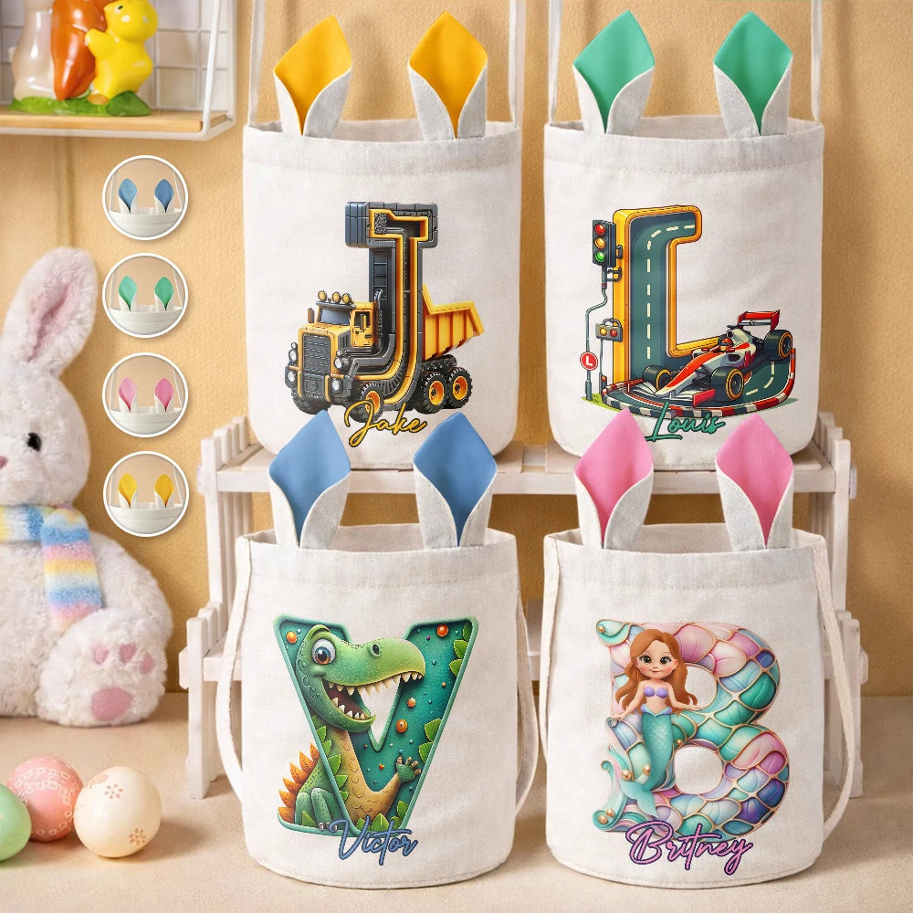 Gift For Kids,Grandma - Grandkids,Gift For Grandkids,Dad - Children,Mom - Children,Easter,Happy - Happy Easter 3D Race Car Truck Dinosaur Mermaid Alphabet - Personalized Bunny Ears Bucket Bag