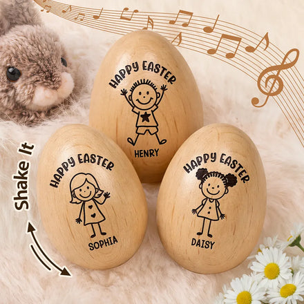 Happy Easter Kids Stick Figure - Personalized Musical Wooden Easter Egg Shaker