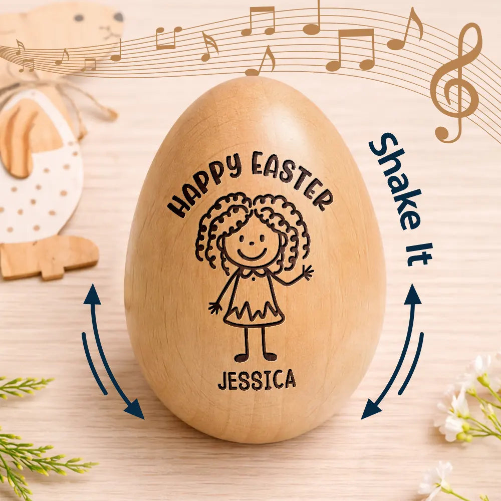 Easter,Gift For Kids,Grandma - Grandkids,Gift For Grandkids,Grandpa - Grandkids,Dad - Children,Mom - Children,Happy,Stick Figure - Happy Easter Kids Stick Figure - Personalized Musical Wooden Easter Egg Shaker
