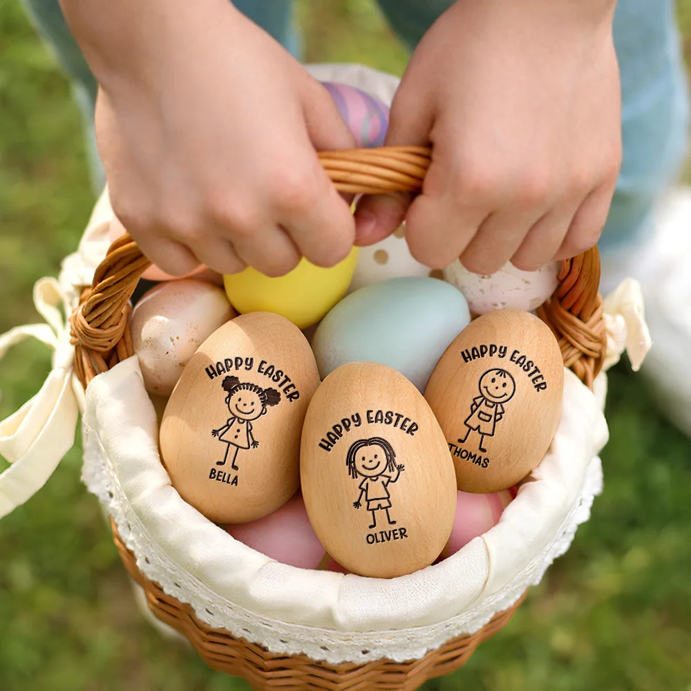 Easter,Gift For Kids,Grandma - Grandkids,Gift For Grandkids,Grandpa - Grandkids,Dad - Children,Mom - Children,Happy,Stick Figure - Happy Easter Kids Stick Figure - Personalized Musical Wooden Easter Egg Shaker