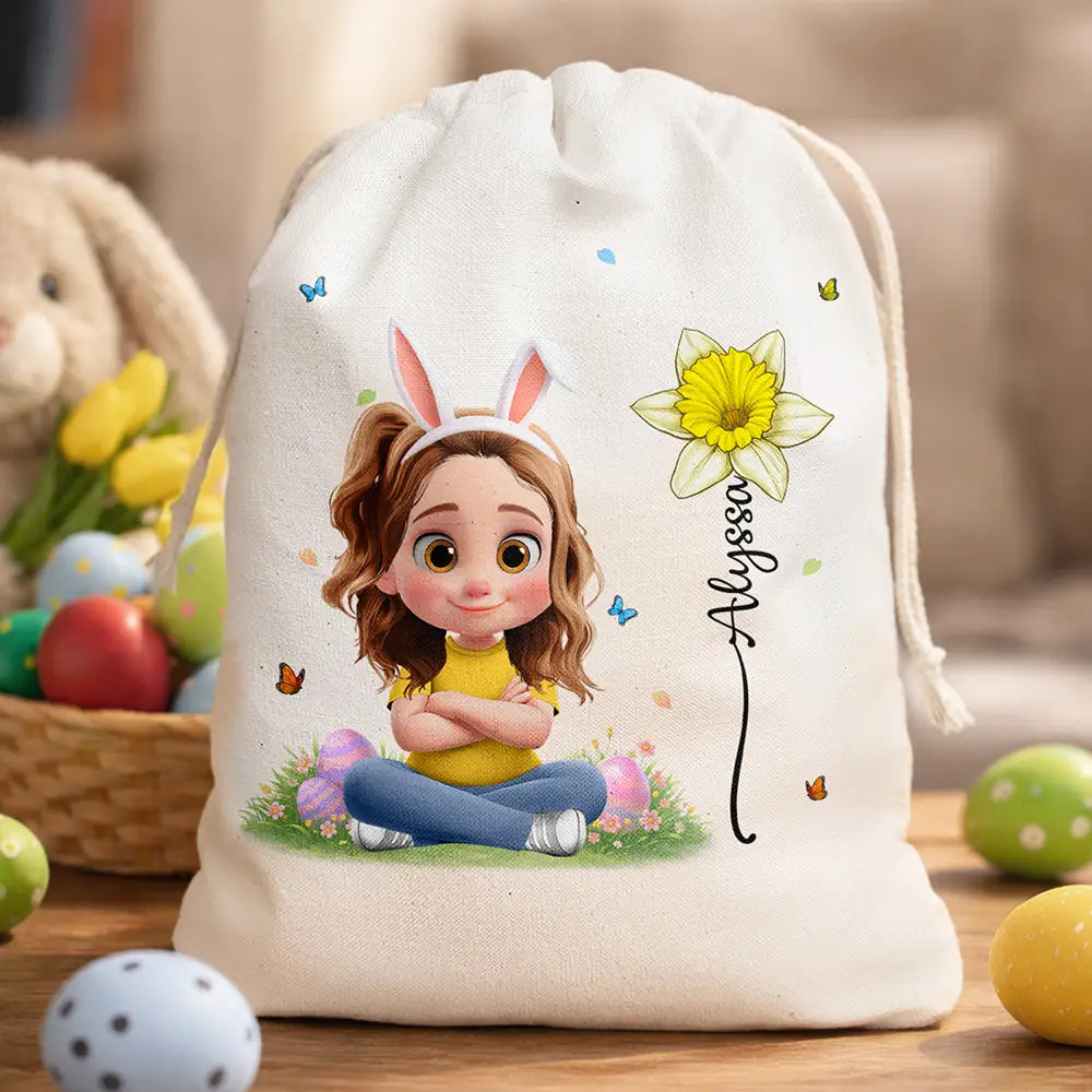 Happy Easter Kids With Birth Month Flower - Personalized Favor Bag