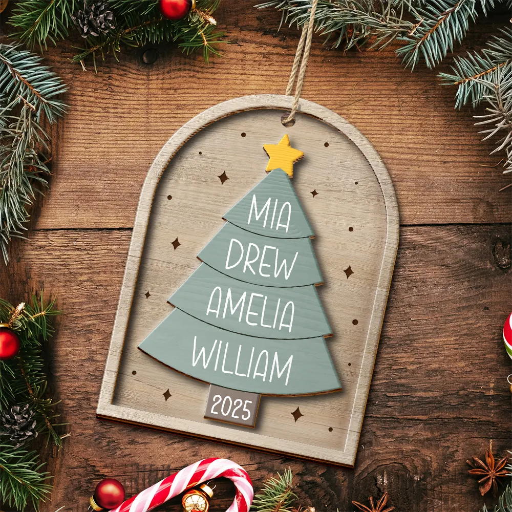Christmas, Family, Parents, Gift For Grandparents, Happy, Gift For Sibling - Happy Family Christmas Tree - Personalized 2-Layered Wooden Ornament