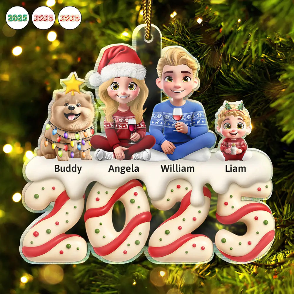 Christmas, Family, Parents, Gift For Grandparents, Happy, Pet Lovers, Gift For Sibling - Happy Family Kid Dog Cat Christmas Tree Cake - Personalized Custom Shaped Acrylic Ornament