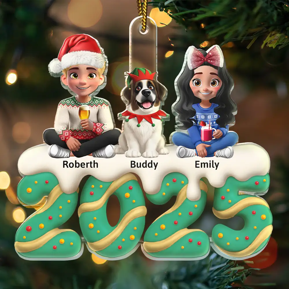 Christmas, Family, Parents, Gift For Grandparents, Happy, Pet Lovers, Gift For Sibling - Happy Family Kid Dog Cat Christmas Tree Cake - Personalized Custom Shaped Acrylic Ornament