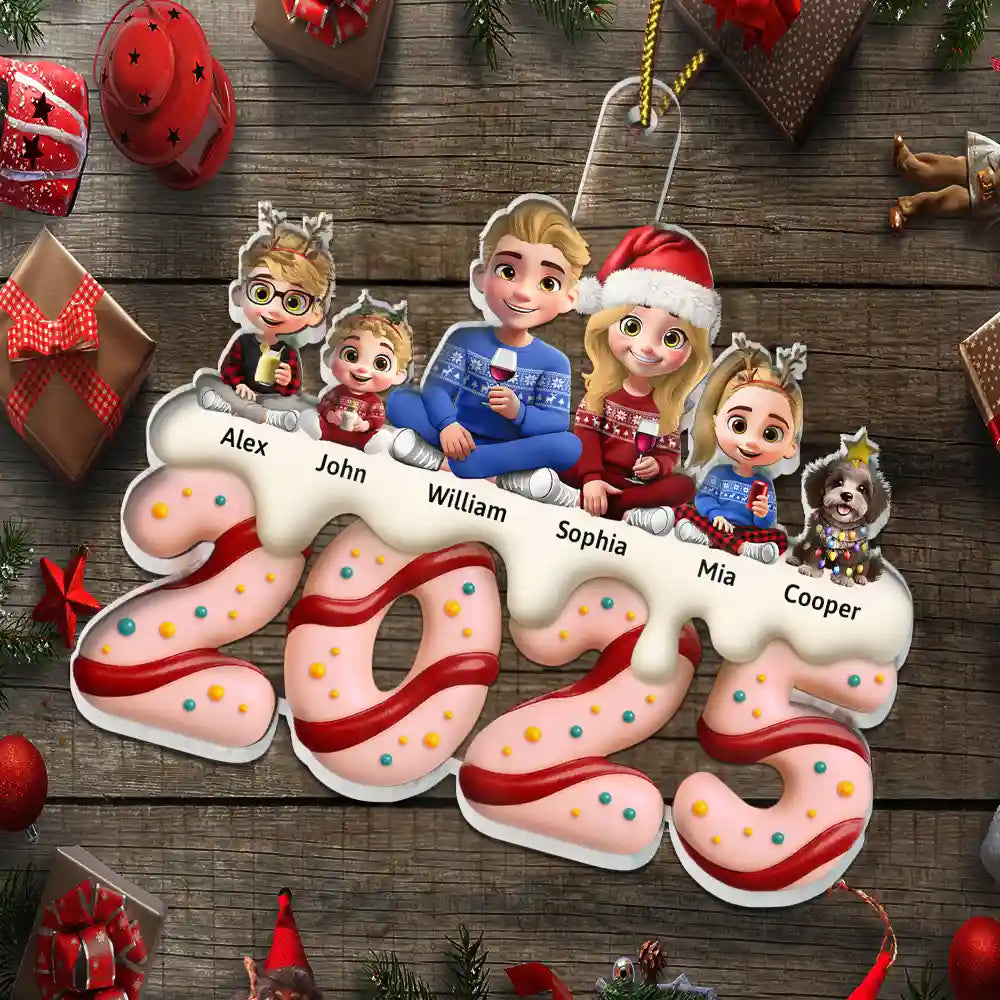 Christmas, Family, Parents, Gift For Grandparents, Happy, Pet Lovers, Gift For Sibling - Happy Family Kid Dog Cat Christmas Tree Cake - Personalized Custom Shaped Acrylic Ornament