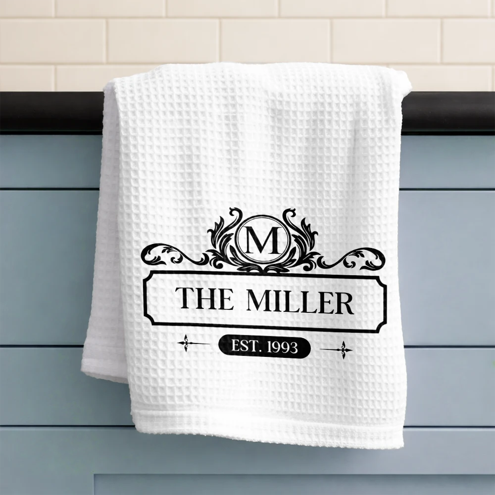 Happy, Gift For Couples, Gift For Wife, Parents, Gift For Mother, Family, Gift For Grandma - Happy Family Monogram - Personalized Kitchen Towel