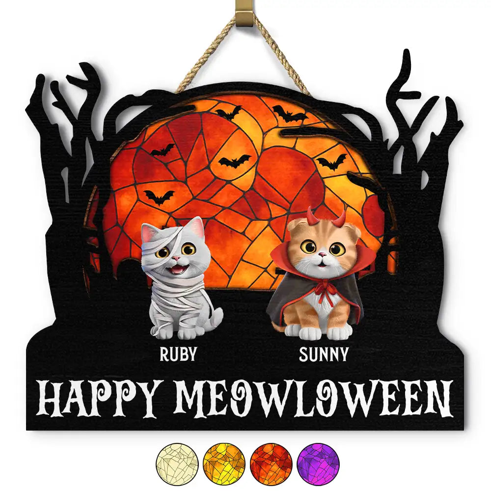 Halloween, Pet Lovers, Cat Lovers, Dog Lovers - Happy Meowloween Halloween Pets - Personalized Custom Shaped Wood Sign