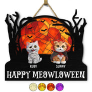Halloween, Pet Lovers, Cat Lovers, Dog Lovers - Happy Meowloween Halloween Pets - Personalized Custom Shaped Wood Sign