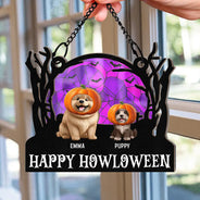 Halloween, Pet Lovers, Pet Mom, Pet Dad, Cat Lovers, Happy - Happy Meowloween Halloween Pets - Personalized Window Hanging Suncatcher Ornament
