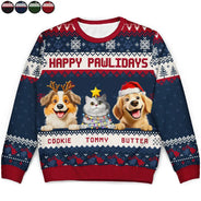 Cat Lovers,Pet Lovers,Christmas,Funny,Dog Lovers - Happy Pawlidays 3D Effect Cat Dog - Personalized Unisex Ugly Sweater