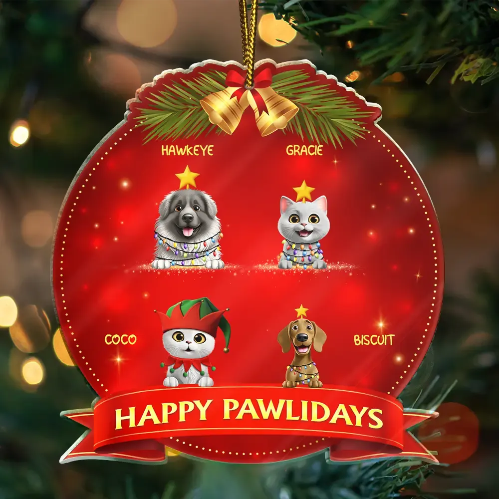 Pet Lovers,Pet Mom,Pet Dad,Pet Couple,Cat Lovers,Cat Mom,Cat Dad,Cat Couple,Dog Lovers,Dog Mom,Dog Dad,Dog Couple,Gift For Women,Gift For Men,Christmas,Happy - Happy Pawlidays Dog Cat 3D Effect - Personalized Custom Shaped Acrylic Ornament