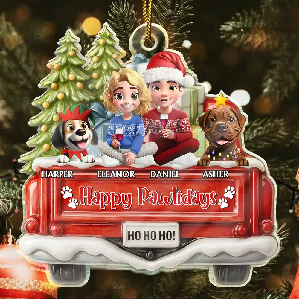 Happy Pawsliday Couple With Dogs Cats - Personalized Custom Shaped Acrylic Ornament