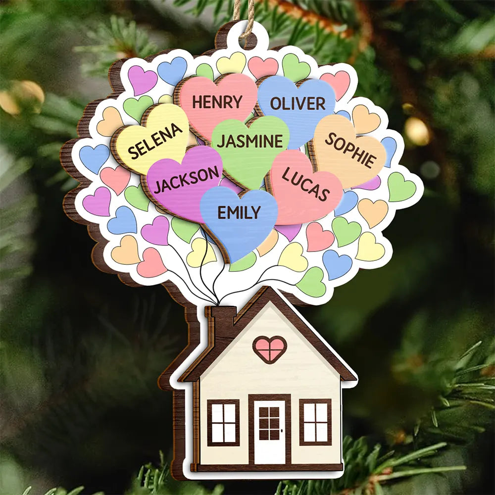 Parents,Family,Gift For Mother,Gift For Father,Gift For Grandpa,Gift For Grandma,Love,Christmas - Heart Balloon House For Family - Personalized 2-Layered Wooden Ornament