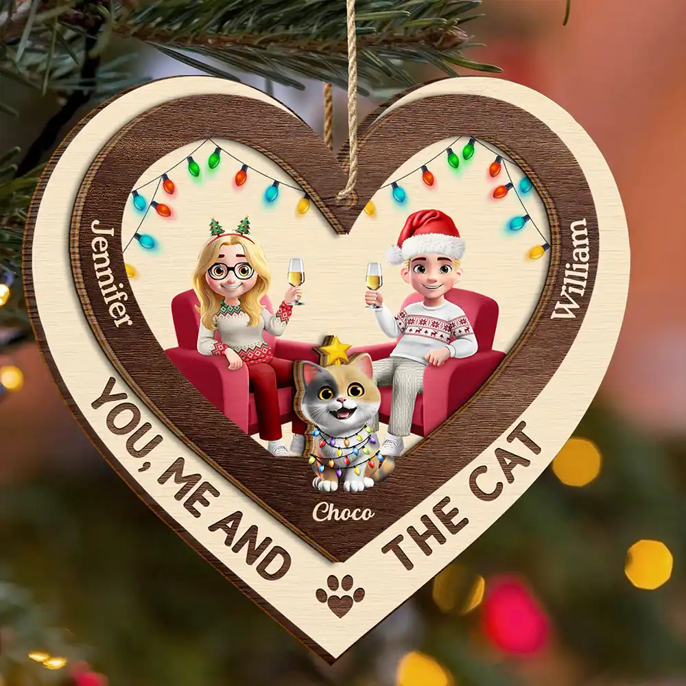 Heart You Me And The Cat - Personalized 2-Layered Wooden Ornament