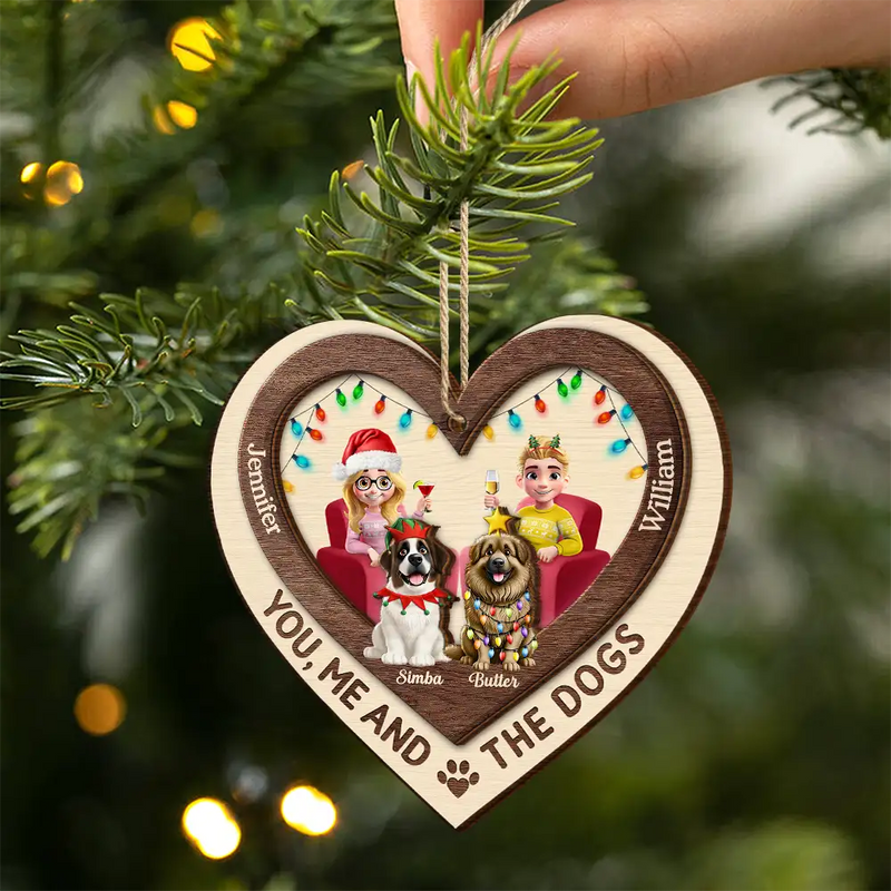 Gift For Couples,Gift For Husband,Gift For Wife,Gift For Boyfriend,Gift For Girlfriend,Dog Lovers,Dog Couple,Pet Lovers,Pet Couple,Christmas,Love - Heart You Me And The Dog - Personalized 2-Layered Wooden Ornament