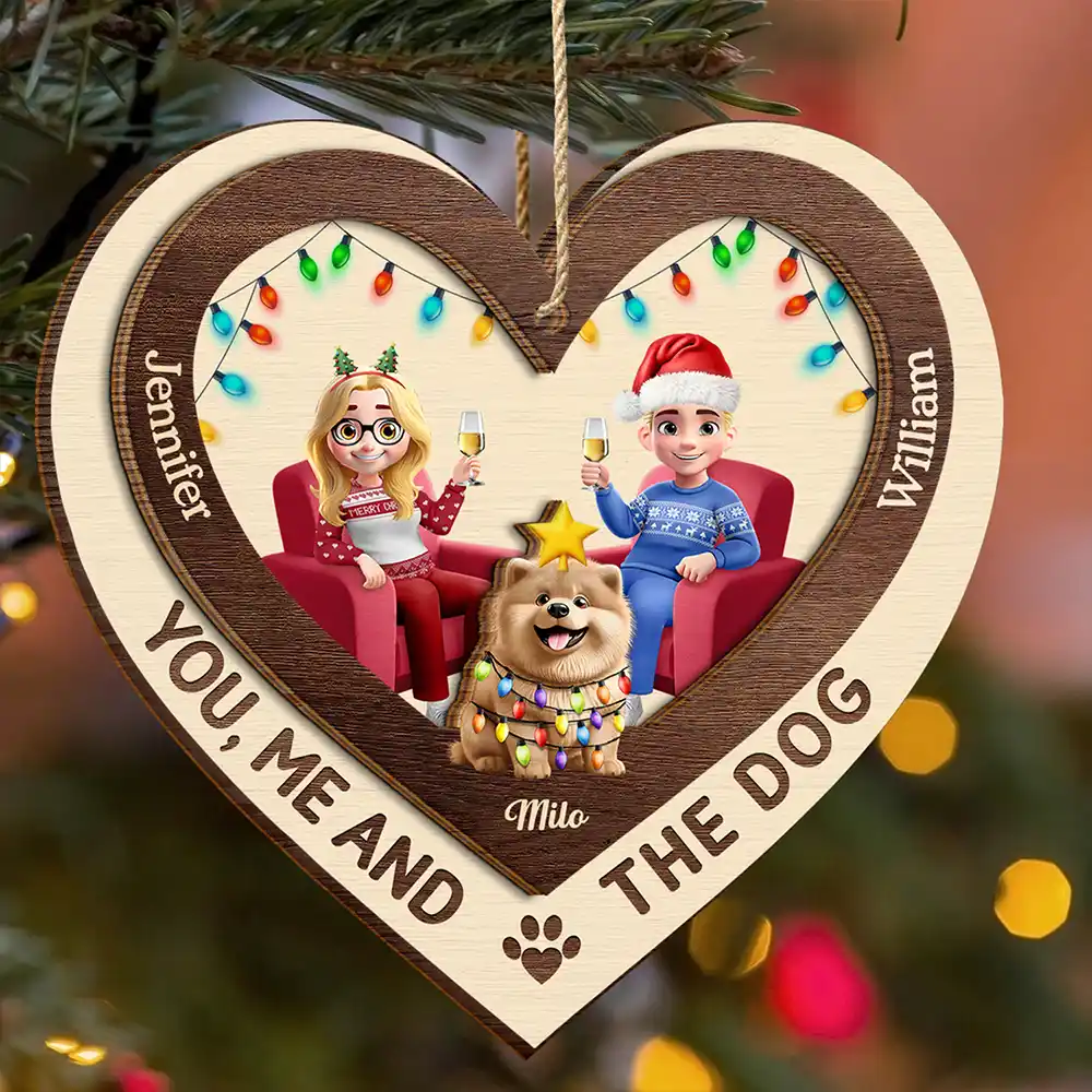 Heart You Me And The Dog - Personalized 2-Layered Wooden Ornament