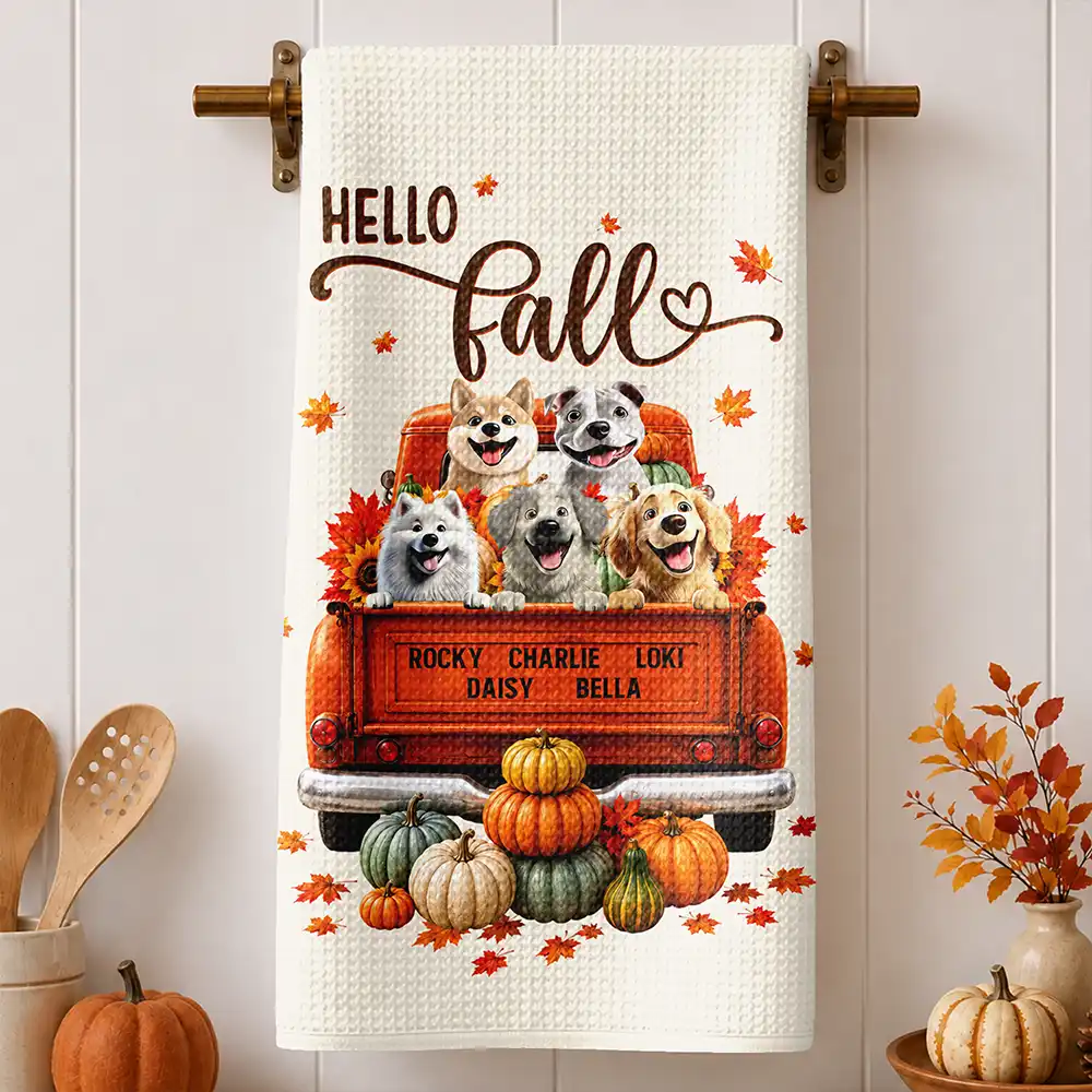 Playful,Pet Lovers,Vector - Hello Fall Pet Pumpkin Truck - Personalized Kitchen Towel