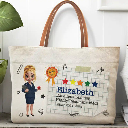 Highly Recommended Teacher - Personalized Leather Handle Tote Bag