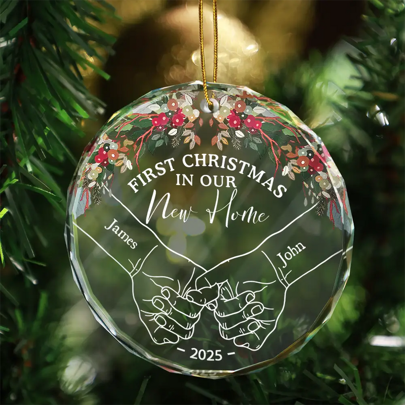 Holding Hands First Christmas Couple - Personalized Circle Glass Ornament