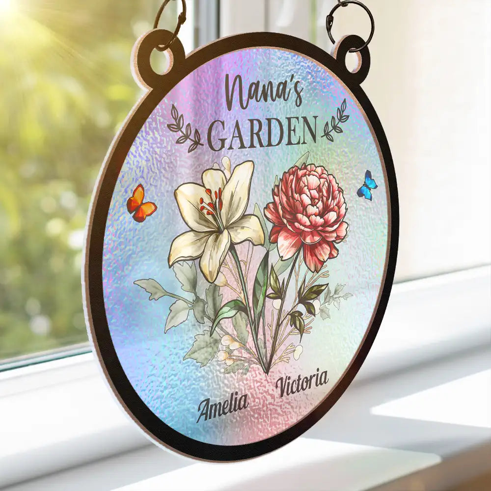 Holography Grandma's Garden Birth Flower - Personalized Window Hanging Suncatcher Ornament
